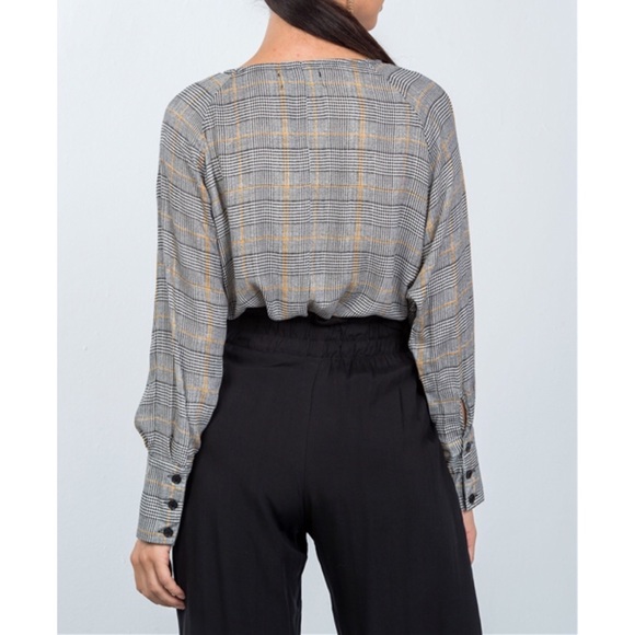 BLACK PLAID DEEP PLUNGING "V" NECKLINE BODYSUIT - Picture 2 of 5